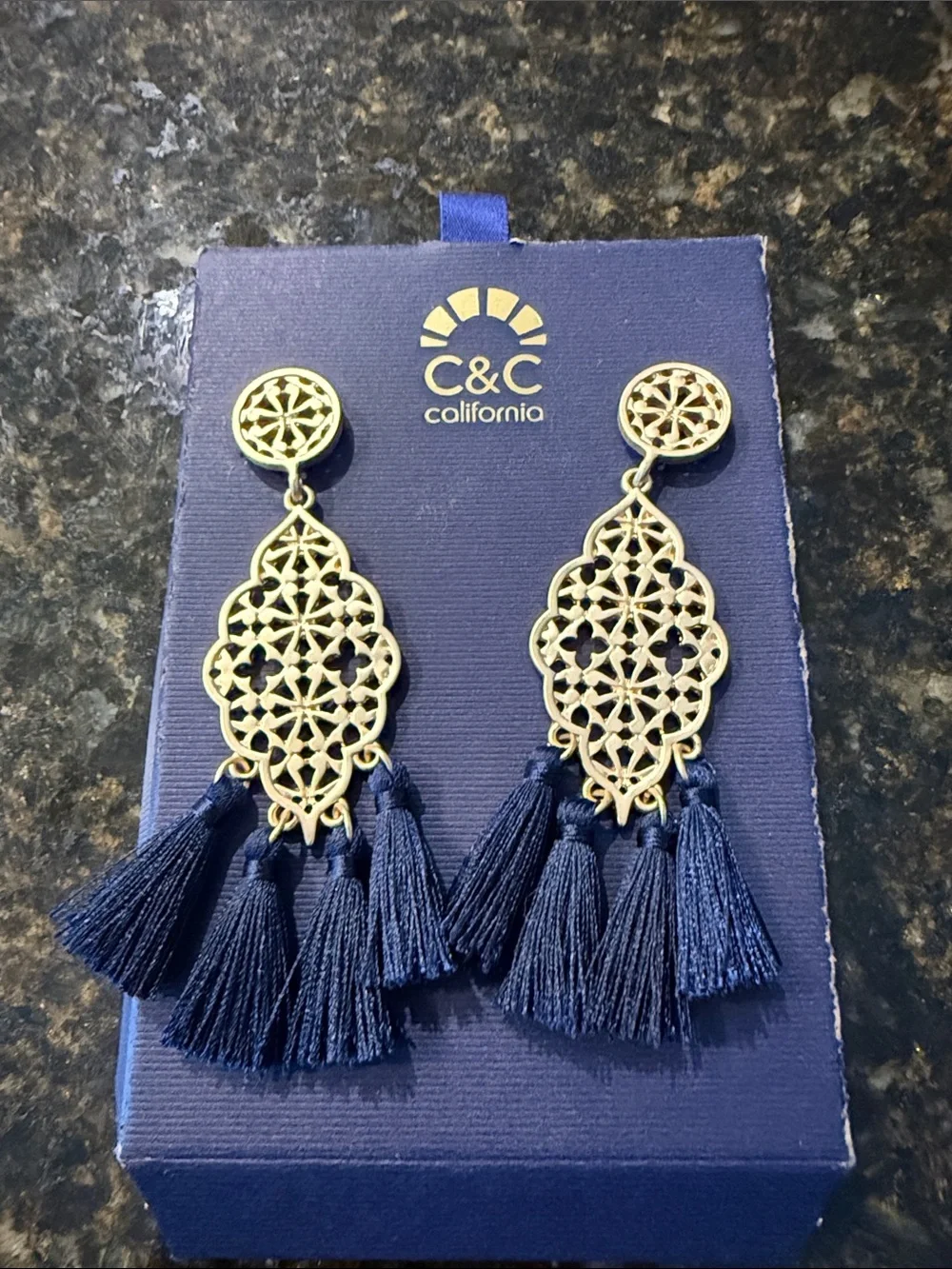 C&C California Gold Filigree Earrings with Navy Tassels